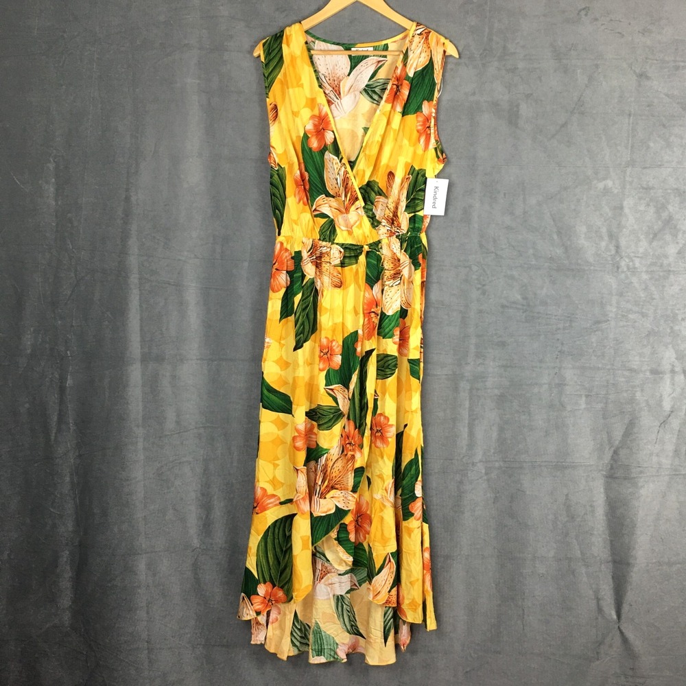 NEW Kindred Maxi Wrap Dress Women's‎ 2X Plus Yellow Green Floral Resortswear